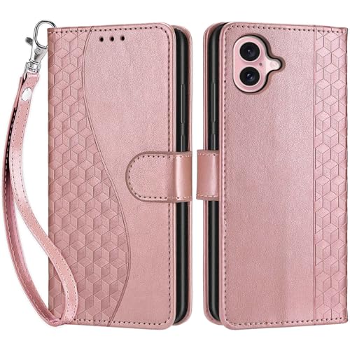 Wallet Case for iPhone 16, Rose Gold | Women Flip Folio Cover, Embossed PU Leather, Stand, Credit Card Holders Slots, Wrist Strap - color: 4