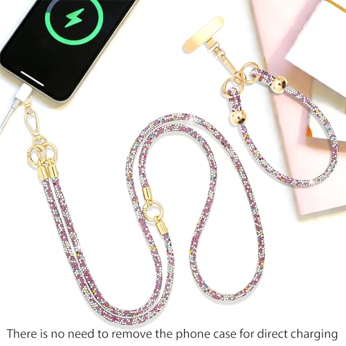 Crystal Phone Lanyard Crossbody and Wrist Strap Lanyard Rhinestone Anti-Theft Phone Strap Phone Neck Strap for Women - color: White+purple