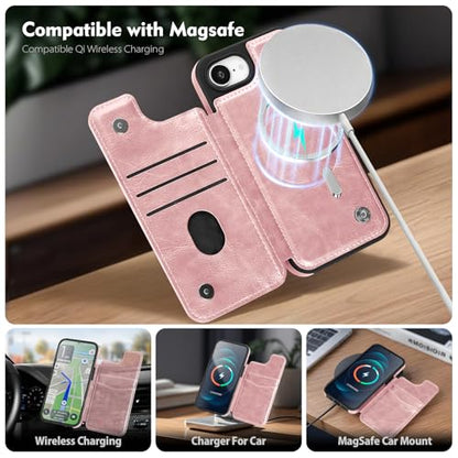 SkyEagle Compatible with MagSafe iPhone 17e / 16e Case Wallet,Pink | Magnetic Clasp,RFID Blocking,PU Leather,Flip Folio Shockproof Phone Cover,with Credit Card Slots & Kickstand for Men & Women - color: Pink
