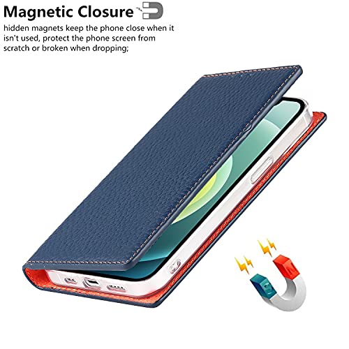 iCoverCase Compatible with iPhone 13 Wallet Case, RFID Blocking Genuine Leather Magnetic Case with Wrist Strap and Card Slots Kickstand Feature Flip Cover 6.1 Inch (Navy Blue) - color: Navy Blue, size: iPhone 13