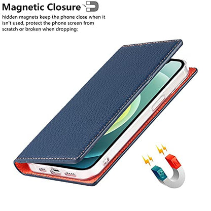 iCoverCase Compatible with iPhone 13 Wallet Case, RFID Blocking Genuine Leather Magnetic Case with Wrist Strap and Card Slots Kickstand Feature Flip Cover 6.1 Inch (Navy Blue) - color: Navy Blue, size: iPhone 13