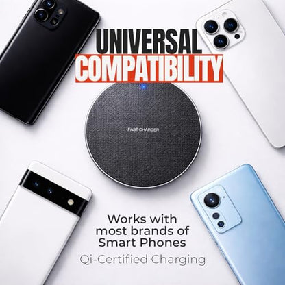 15W Wireless Charging Pad, Qi Compatible Wireless Charger for Smartphones, Fast Charging Non Slip Charger Mat with USB Cable for Desk, Office and Bedside