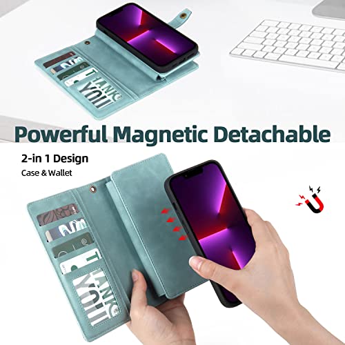 TwoHead for iPhone 11 Wallet case with 11 Card Holder (Blue) | Detachable Magnetic Phone Case, PU Leather Wallet for Women/Men,Wireless Charging Compatible,with Wrist Strap - color: Blue