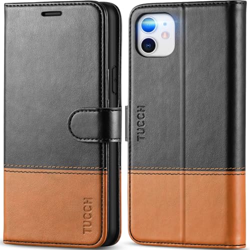 TUCCH Wallet Case for iPhone 11 (6.1") 2019, 3 Card Holders, Black & Brown | RFID Blocking, Viewing Stand, Shockproof TPU Shell, PU Leather, Magnetic Closure, Protective Folio Flip Cover - color: Black & Brown