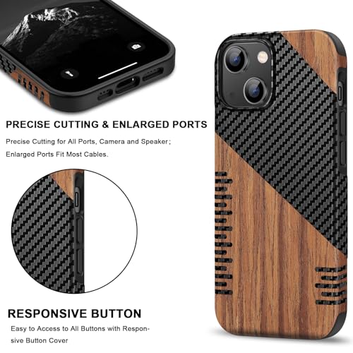 TENDLIN Magnetic Case Compatible with iPhone 15 Case Wood Grain with Carbon Fiber Texture Design Leather Hybrid Slim Cover (Compatible with MagSafe) Twill - color: Magnetic Twill, size: iPhone 15