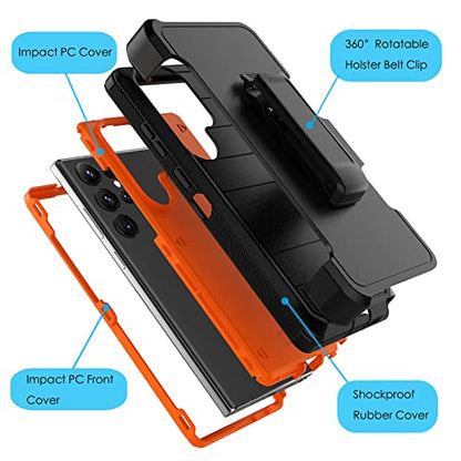 Njjex Rugged Case for Samsung Galaxy S23 Ultra, for Galaxy S23 Ultra Case with Belt Clip Holster, Full Body Protector Heavy Duty Shockproof Locking Swivel Holster Kickstand Hard Phone Cover [Orange] | Rugged heavy duty, shockproof full body protector, loc