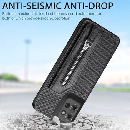 for Motorola Moto G Power 2026 Wallet Case with Card Holder, Slim | Shockproof Protective Phone Cases for Women, Carbon Fiber Pattern Design, Built-in 4 Credit Card Slots and 1 Zipper Pocket - color: Brown