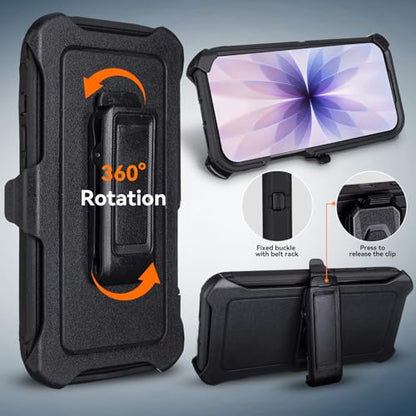 for iPhone 17 Case with Belt Clip Holster & Kickstand, Black | Military Grade Drop Protective, 4 in 1 Heavy Duty Shock-Absorbing Rugged Case for iPhone 17 6.3" - color: Black