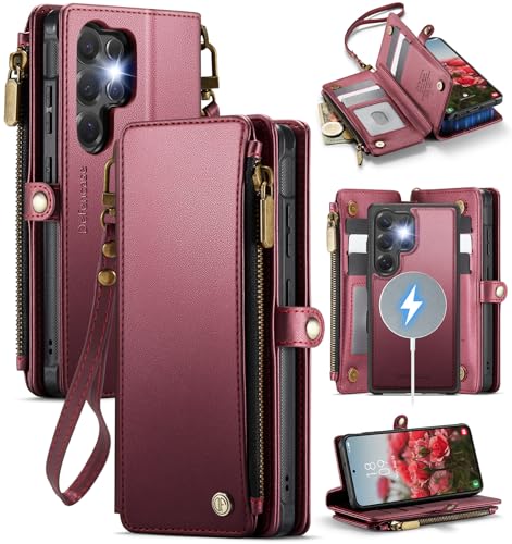 Defencase for Galaxy S23 Ultra Case Wallet Compatible with Magsafe, WineRed | Magnetic Detachable, RFID Bolcking Card Holder, Zipper Strap, PU Leather Drop-Proof Phone Cover for Samsung Galaxy S23 Ultra - color: (Detachable with Magsafe)-Wine Red