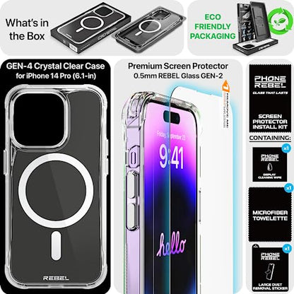 REBEL Clear Case for iPhone 14 Pro [Crystal Series Gen-4] Strong MagSafe Compatible, Anti-Scratch, Non-Yellowing, Protective Shockproof Bumpers, Metal Buttons, 6.1 Inch Phone 2023 (Crystal Clear) - color: Crystal Clear, size: iPhone 14 Pro