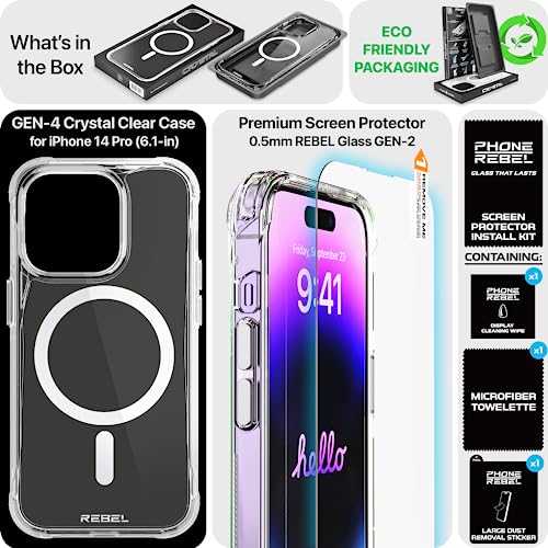 REBEL Clear Case for iPhone 14 Pro [Crystal Series Gen-4] Strong MagSafe Compatible, Anti-Scratch, Non-Yellowing, Protective Shockproof Bumpers, Metal Buttons, 6.1 Inch Phone 2023 (Crystal Clear) - color: Crystal Clear, size: iPhone 14 Pro