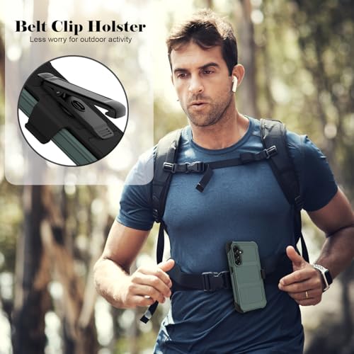 for Samsung Galaxy A16 5G Case with 2 Pack Tempered Glass Screen Protector, [Holster Series] Belt Clip Hard Tough Heavy Duty Rugged Shockproof Protective Cell Phone Case (Dark Green) - color: Dark Green