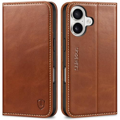 SHIELDON Genuine Leather Wallet Case for iPhone 16 6.1" 2024, Retro Brown | Magnetic Closure, RFID Blocking, Credit Card Holder, Viewing Stand, Folio Design, Shockproof Protective Cover - color: Retro Brown