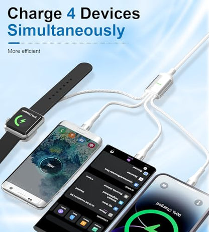 Multi Charging Cable for Apple Watch - 100W 10ft 4-in-1 Fast Charger with Lightning, USB C, Micro USB & Apple Watch Charger for iWatch, iPhone, MacBook Pro - White