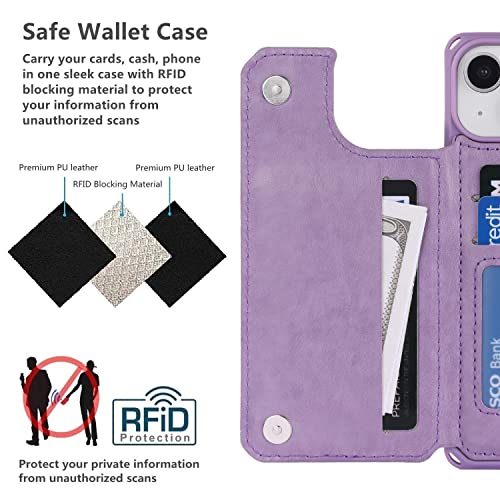 iCoverCase Compatible with iPhone 14 Wallet Phone Case with Card Holder for Women, RFID Blocking Embossed PU Leather Wrist Strap Case 6.1 Inch (Heart Purple) - color: H-Purple