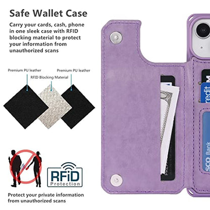 iCoverCase Compatible with iPhone 14 Wallet Phone Case with Card Holder for Women, RFID Blocking Embossed PU Leather Wrist Strap Case 6.1 Inch (Heart Purple) - color: H-Purple