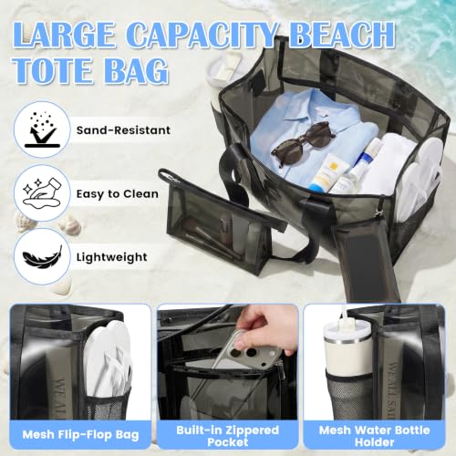 3-Piece Iridescent Beach Bag Set for Women, Large PVC Pool Bag Set | Includes Summer Beach Tote, Cosmetic Bag and Touchscreen Phone Pouch for Pool, Travel and Vacation - color: Black