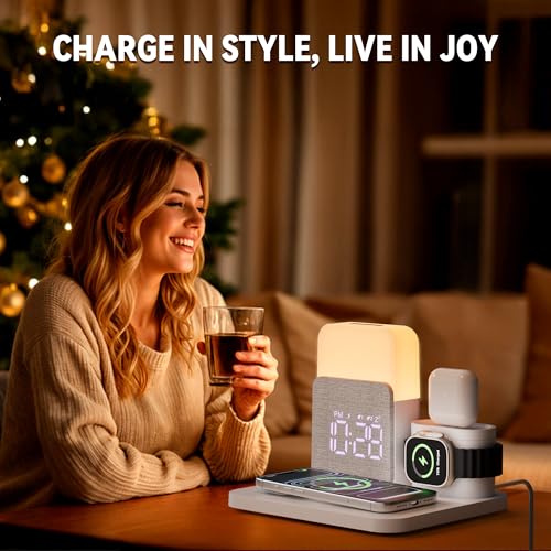 7 in 1 Wireless Charging Station, 25W Charger with Alarm Clock Night Light - color: White