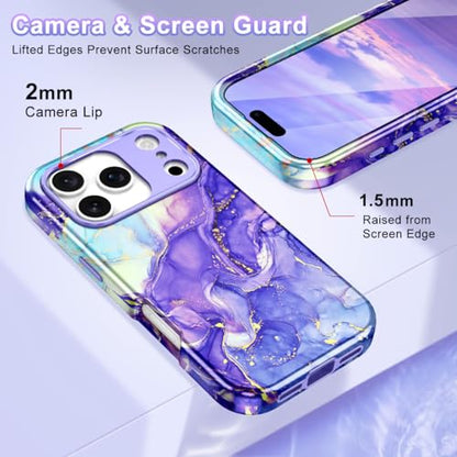 Btscase Compatible with iPhone 17 Pro Case 6.3 Inch 2025,Marble Pattern 3 in 1 Heavy Duty Shockproof Full Body Rugged Hard PC+Soft Silicone Drop Protective Women Girl Phone Cases, Cobalt Violet - color: Cobalt Violet, size: iPhone 17 Pro