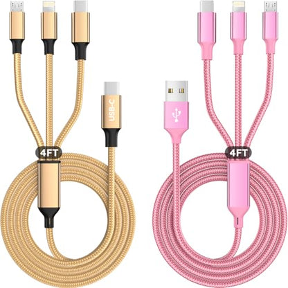 USB A/C Multi Charger Cable，3 in 1 Charging Cable for Multiple Devices - color: Pink+Gold