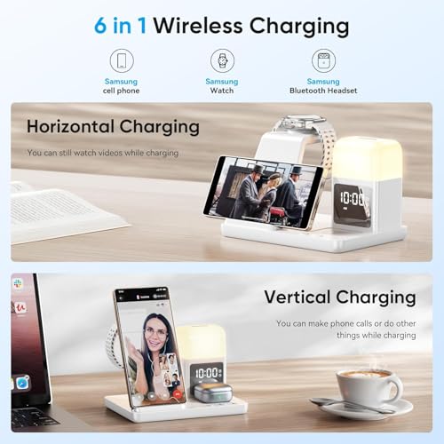 6 in 1 Wireless Charging Station for Samsung Android with Clock & Night Light,Wireless Charger Beside Clock for Galaxy S26 Ultra S25 S24,Galaxy Watch 8/7 Buds 4/3 Pro,Not for Watch 9/Ultra 2 - color: White