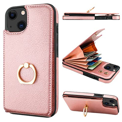 Folosu Compatible with iPhone 14 Case Wallet with Card Holder, 360°Rotation Finger Ring Holder Kickstand, RFID Blocking Leather Protective Double Buttons Shockproof Cover 6.1 Inch Rose Gold - color: Rose Gold, size: iPhone 14