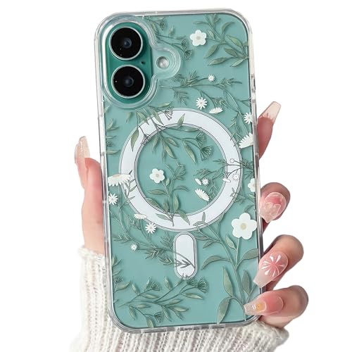Lovmooful Magnetic for iPhone 16 Plus Case Cute Flower-Green Leaves | Compatible for MagSafe,Clear Floral,with Aesthetic Design,for Girls Women,Soft TPU+PC,Shockproof,Protective,Girly - color: Green Leaves, size: iPhone 16 Plus