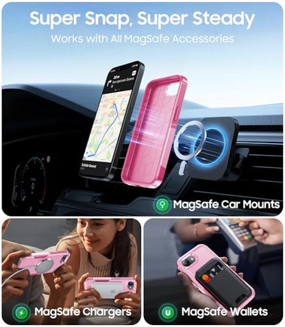 Magnetic for iPhone 17e Case Rugged Dual-Layer Shockproof Pink | Military-Grade Heavy Duty Protection, Fit for Magsafe, Matte Finish Scratch Resistant Anti-Fingerprint Anti-Slip Phone Cover - color: Pink