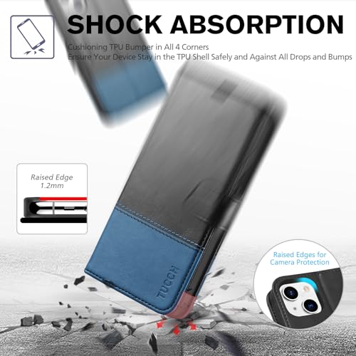 TUCCH Wallet Case for iPhone 13 (6.1"), 3 Card Holders, Black & Light Blue | RFID Blocking, Viewing Stand, Shockproof TPU Shell, PU Leather, Magnetic Closure, Protective Folio Flip Cover - color: Black & Light Blue