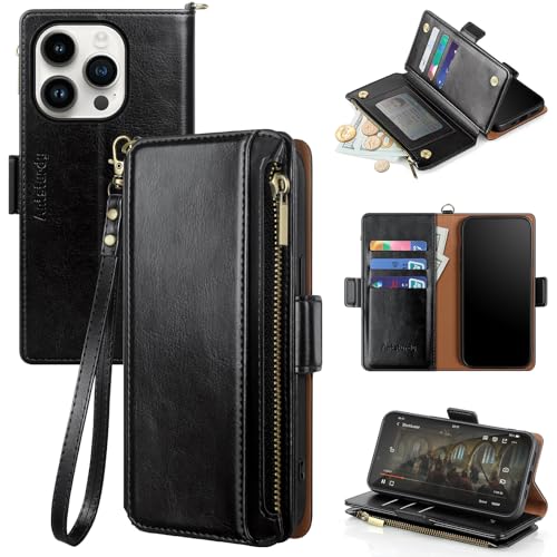 Antsturdy for iPhone 16 Pro Max Phone Wallet Case Women,Black | RFID Blocking,with Credit Card Holder Slots,PU Leather Purse,Zipper Pocket,Wrist Strap Kickstand,Flip Folio Cover for Men - color: A-Black