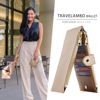 Travelambo RFID Wallet Women Large Size Bifold Multi Card Wallet Case with Zipper Pocke Credit Card Holder for Women - color: Gold Champagne 3310F