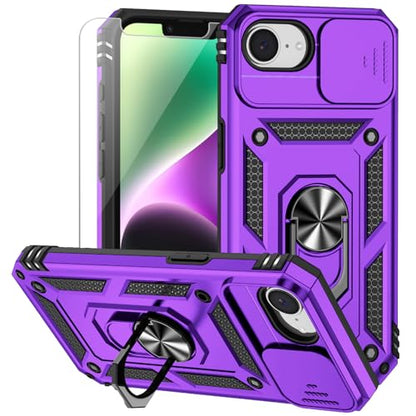 for iPhone 17E / iPhone 16E Case, with Camera Lens Cover HD Screen Protector, Dual Layer Military-Grade Drop Tested Magnetic Ring Holder Kickstand Protective Phone Case for iPhone 16E / 17E (Purple) - color: Purple with camera cover Military-Grade 2nd gen
