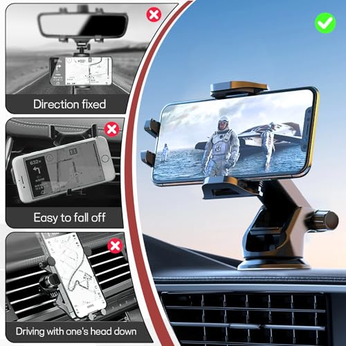 Car Phone Holder, Strong Suction Cup Dashboard Cellphone Holder for Car, Extendable&Foldable, 360° Adjustable Vehicle Phone Mount with Air Vent Hook, Universal Fit All Smartphones (2 in 1)