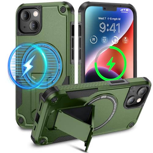 Caka for iPhone 13 Case & iPhone 14 Case with Stand Green | Compatible with MagSafe, Built-in Hidden Kickstand, Solid Protective Dual-layer TPU+PC Shockproof Magnetic Phone Cover - color: Green