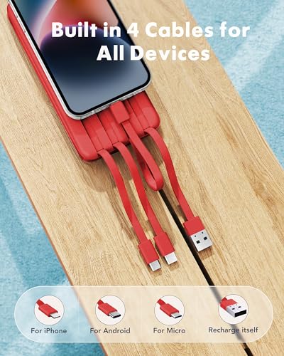charmast Portable Charger with Built-in Cables X 4, Portable Phone Charger - color: Red