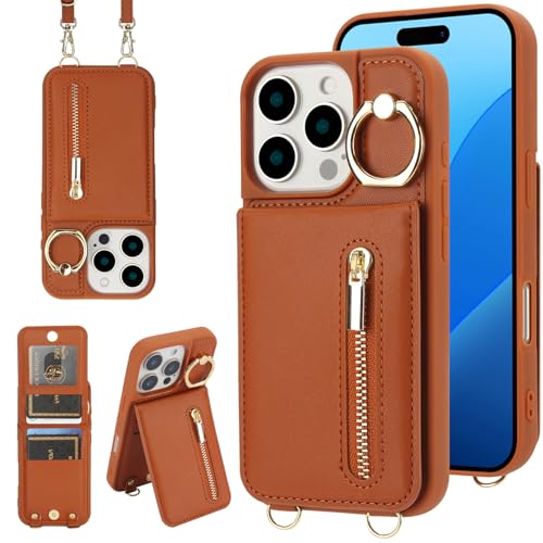 Crossbody Wallet Case for iPhone 12 Pro Max, with Card Slots Zipper Pocket Case, Flip Folio Purse RFID Blocking with Ring Kickstand Detachable Strap-Brown - color: Brown, size: iPhone 12 Pro Max(6.7")