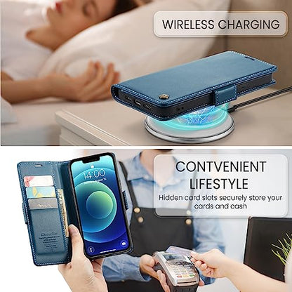 QLTYPRI Wallet Case for iPhone 12/12 Pro, Premium PU Leather Magnetic Flip Folio Case with RFID Blocking Credit Card Slots Kickstand Shockproof Protective Phone Case Cover - Blue | Premium PU Leather, Magnetic Closure Flip Case, RFID Blocking, Viewing Kic