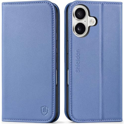 SHIELDON Genuine Leather Flip Wallet Case for iPhone 16, Wisteria Purple | Magnetic Closure, RFID Blocking, Credit Card Holder, Viewing Stand, Foldable Design, Shockproof Protective Cover - color: Wisteria Purple