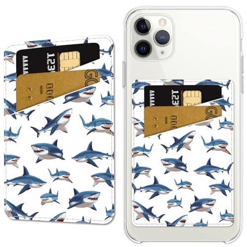CREATCABIN Shark Phone Card Holder Leather Cell Phone Wallet Stick on Adhesive Credit Card Holder Slim Double Pocket Sticker for Back of Phone Case Compatible with Most Phones 3.7 x 2.5 Inch - style: Shark