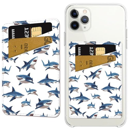CREATCABIN Shark Phone Card Holder Leather Cell Phone Wallet Stick on Adhesive Credit Card Holder Slim Double Pocket Sticker for Back of Phone Case Compatible with Most Phones 3.7 x 2.5 Inch - style: Shark