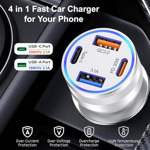 USB C Car Charger 65W, 2Pack 4-Port Fast Charging Car Phone Charger Adapter - color: Silver, size: 2 Pack