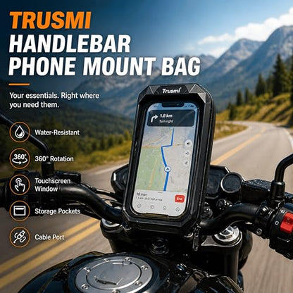 Motorcycle & Bicycle Handlebar Phone Mount Bag, Water-Resistant Phone Pouch with Touchscreen Window, 360° Rotating Clamp, Storage Pockets, Fits Universal 4.0-6.8 Inch Phones, Black