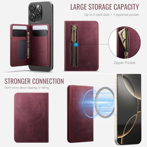 Strapurs Magnetic Card Holder Compatible with MagSafe Phones and Cases, PU Leather Phone Wallet for iPhone 17/16/15/14/13/12/Pro/Max/Plus/Air, 4 Card Slots RFID Blocking with Zipper Pocket - Burgundy - color: Wine Red