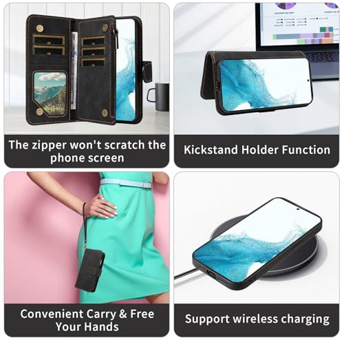 Asuwish Phone Case for Samsung Galaxy S22 5G Zipper Wallet Detachable Magnetic Cover with Tempered Glass Screen Protector Crossbody Lanyard Strap Card Holder S 22 22S 4G G5 6.1 inch Women Girls Black - color: Black