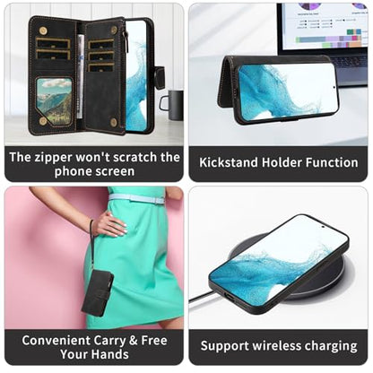 Asuwish Phone Case for Samsung Galaxy S22 5G Zipper Wallet Detachable Magnetic Cover with Tempered Glass Screen Protector Crossbody Lanyard Strap Card Holder S 22 22S 4G G5 6.1 inch Women Girls Black - color: Black