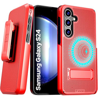 Designed for Samsung Galaxy S24 Case with Belt Clip Holster - Compatible with MagSafe Magnetic Heavy Duty Phone Cover with Kickstand - Red - color: Red, style: Galaxy S24