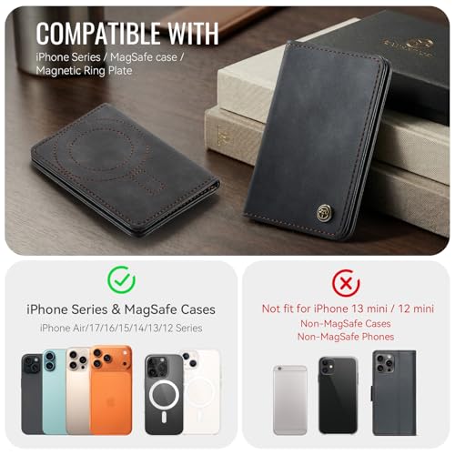 Magnetic Wallet Card Holder with RFID Protection, PU Leather Slim Wallet, Strong Magnet Attachment for iPhone 18/17/16/15/14/13/12 Series Pro Max Plus Mini-Black - color: Black