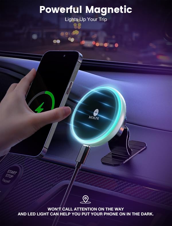 for Magsafe Car Mount Charger 15W LED RGB Car Phone Holder for Dash Vent - color: Mint Green