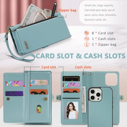 for iPhone 15 Pro Max Wallet Case, Detachable Magnetic Shockproof Phone Case,Faux Leather Crossbody Wallet,with RFID Blocking，Zipper Card Holder，Shoulder Strap (Blue) - color: Blue, size: iPhone 15 Pro Max