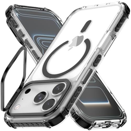 Nvollnoe for iPhone 17 Pro Case Compatible with MagSafe Military Grade Shockproof Heavy Duty Protective Adjustable Kickstand Ultra Clear Magnetic Phone Case for iPhone 17 Pro(Black) - color: Clear-Black, size: for iphone 17 pro-6.3"(3 lens)